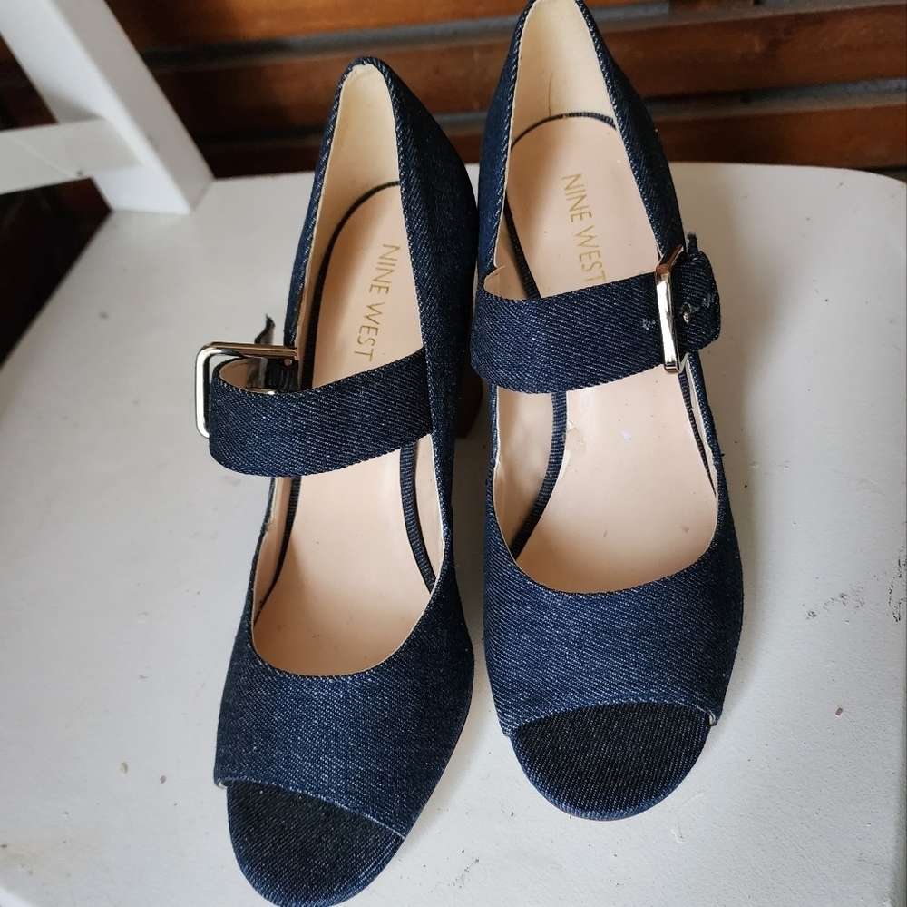 Nine West shoes Mary Janes navy blue fabric block heel pumps size 7.5 - Picture 7 of 8